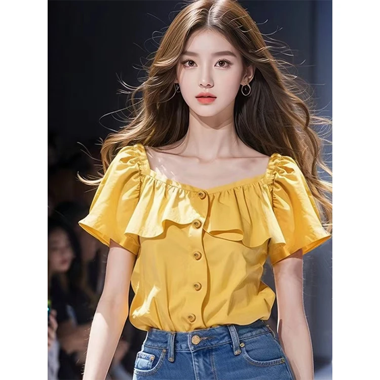 姜黄色方领泡泡袖短袖衬衫女早春装2025新款绝美茶里茶气小衫上衣
