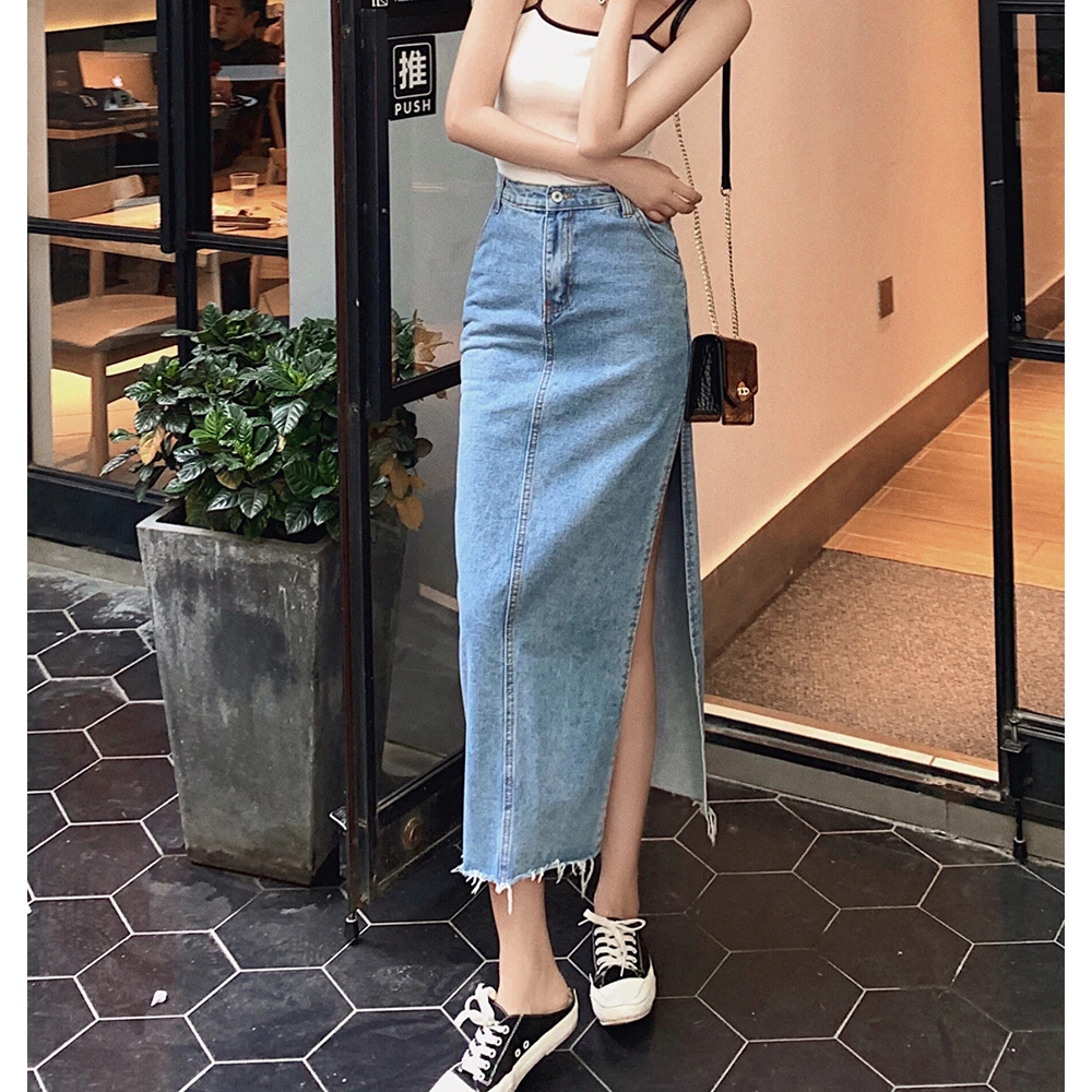 春夏新款法式性感开叉中长款高腰显瘦包臀牛仔半身裙