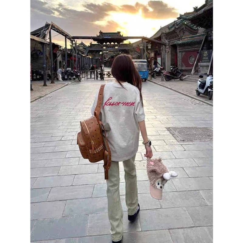 夏季慵懒百搭显瘦T恤上衣夏季小众美式宽松印花ins圆领休闲短袖女