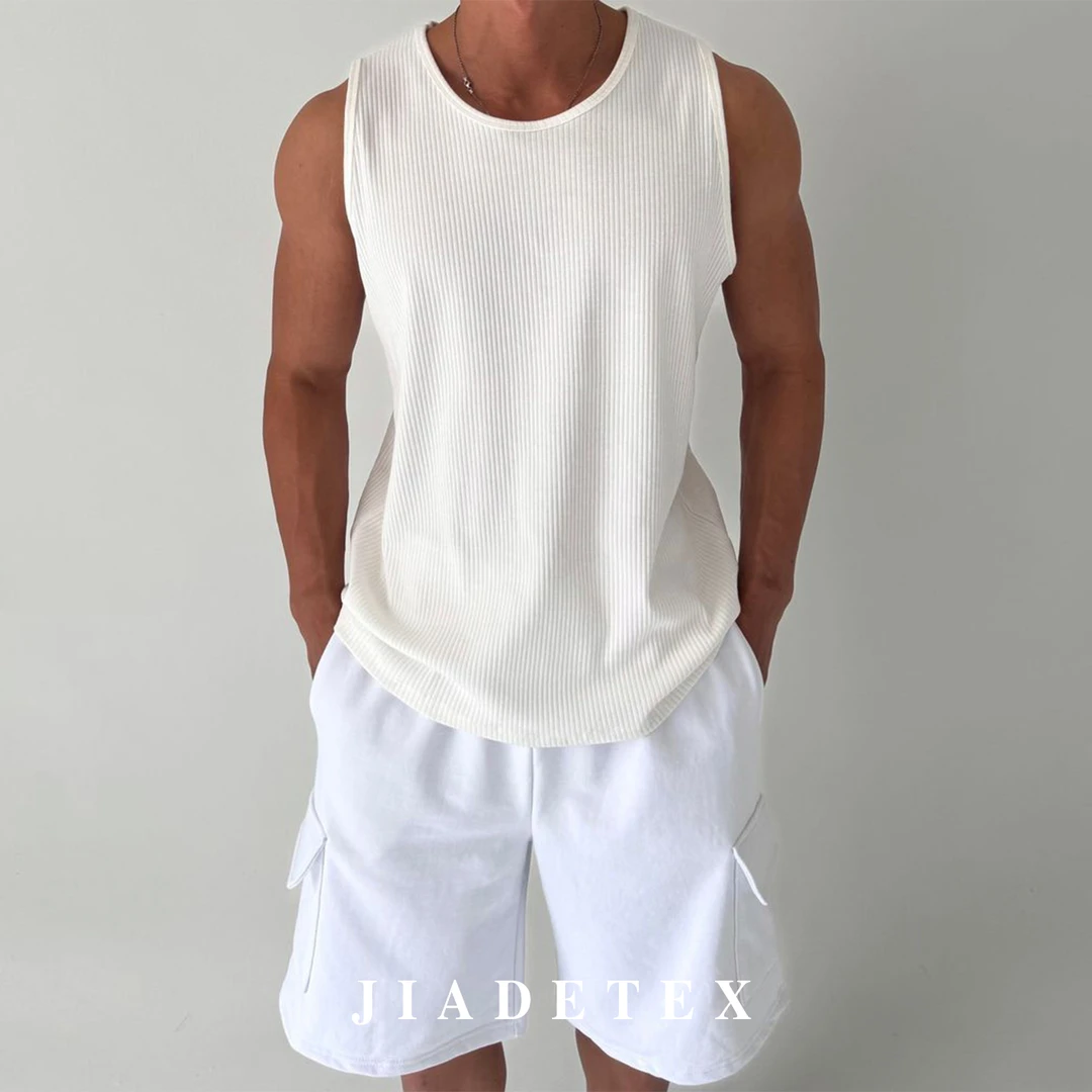 SSUMENAM「美式风 竖条螺纹」宽松背心男夏季休闲弹力白色圆领无袖