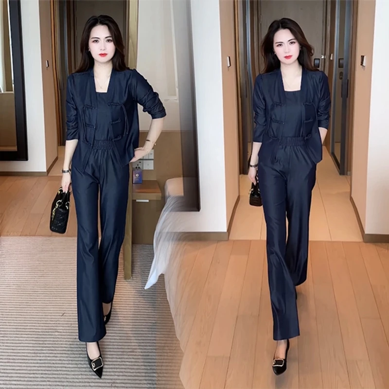 春秋新中式盘扣穿搭气质休闲洋气减龄免洗牛仔套装显瘦高腰时尚