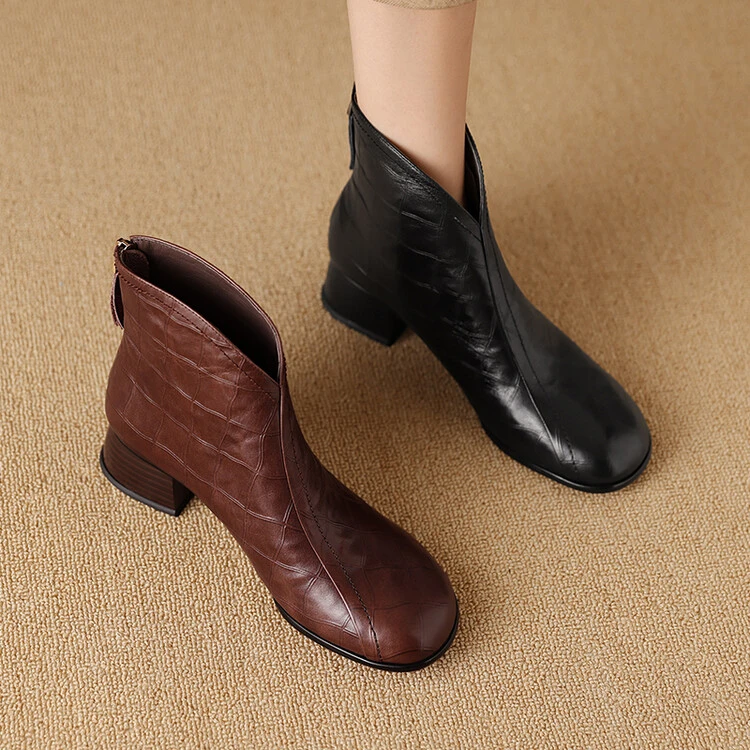 H168-6秋冬新款圆头真皮短靴女后拉链时尚粗跟靴子复古百搭