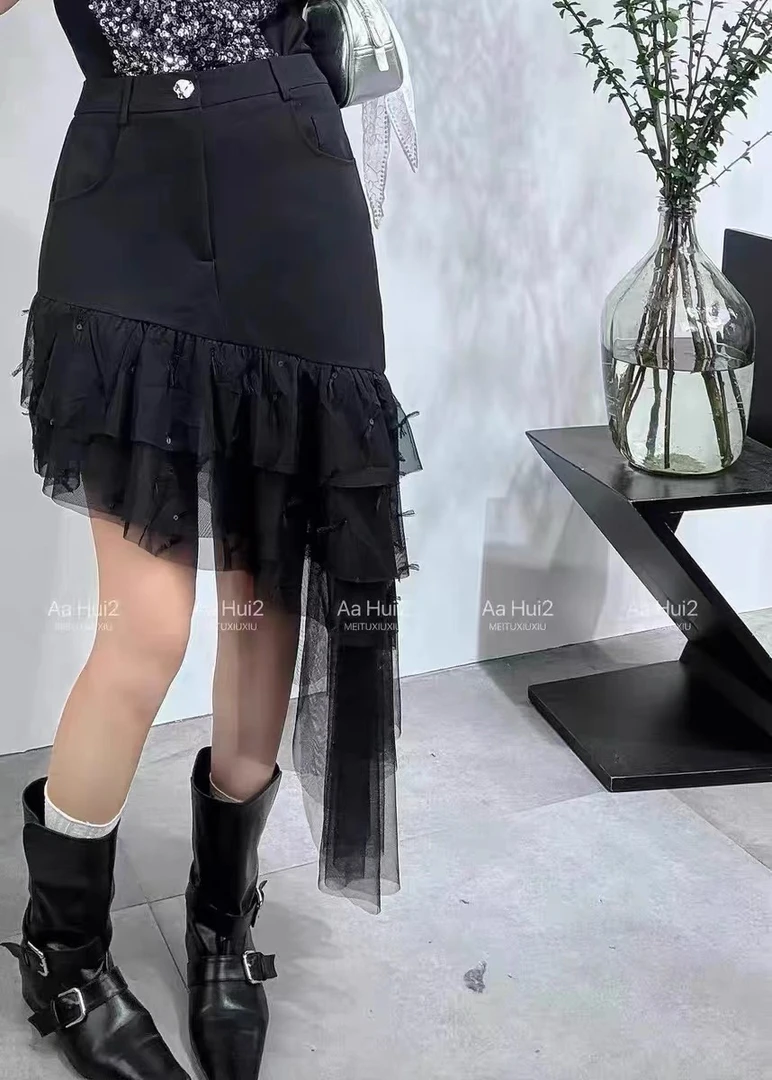 2178#欧洲站2025夏新款设计师款网纱拼接不规则下摆半身裙女A字裙