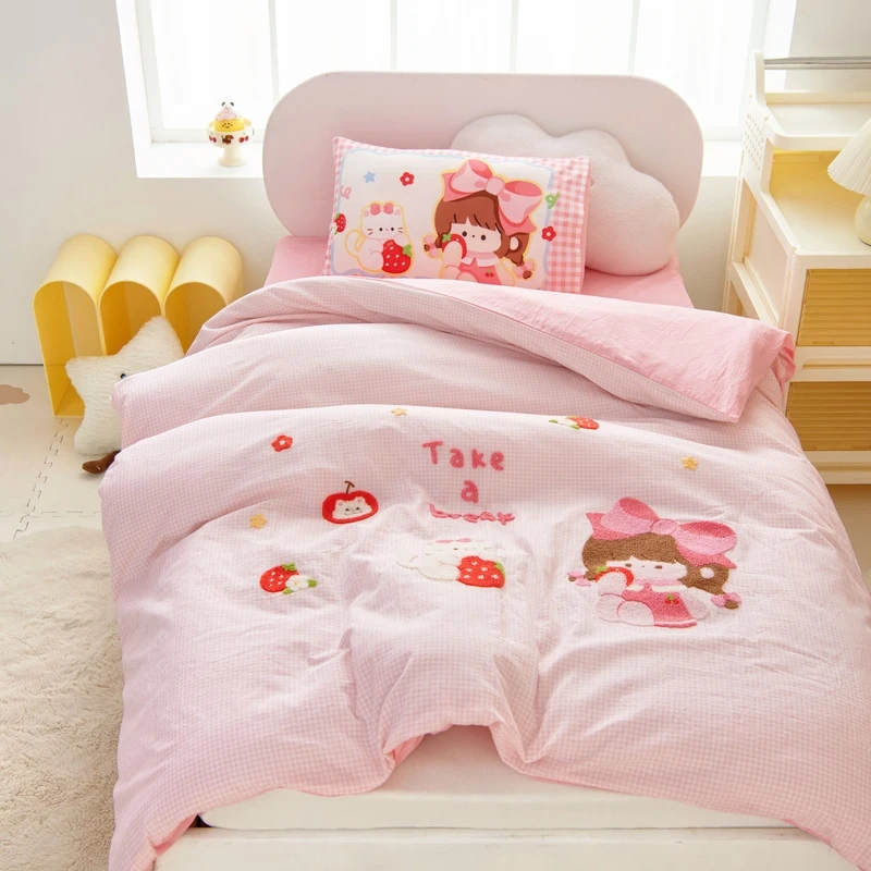2025新款全棉100纯棉毛巾绣幼儿园午睡小褥子三件套全套被子被芯