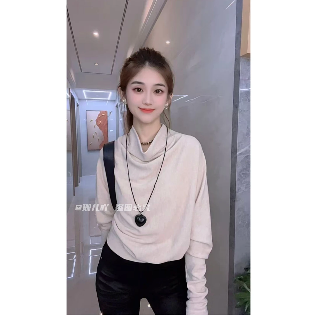 韩系慵懒荡领蝙蝠袖时尚针织衫女早秋新款女装设计感减龄长袖上衣