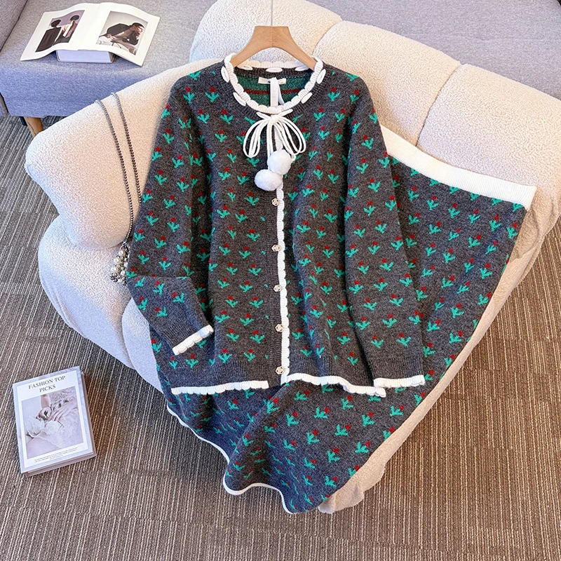 130-350斤大码女装胖mm冬新款显瘦毛线针织衫上衣半身裙套装毛衣