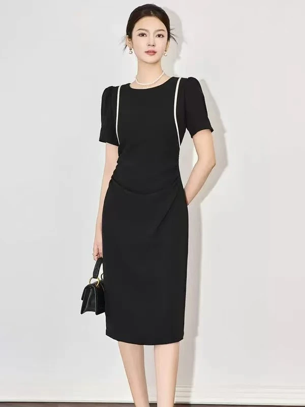 2501法式小香风连衣裙女夏新款设计感泡泡袖撞色收腰短袖中长裙