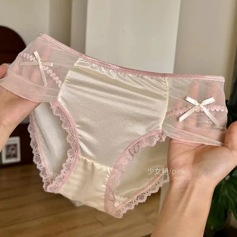 月色熠熠~高级珠光缎拼接蕾丝无痕性感蝴蝶结竹叶青裆大码内裤