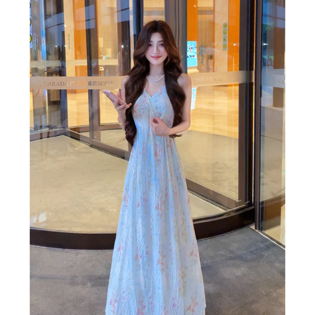 【有口袋】淡蓝花语夏季碎花温婉大方显瘦气质小众吊带连衣长裙1522