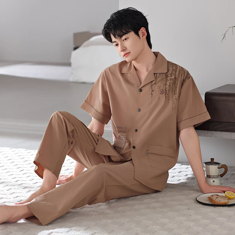 【棉麻感梭织全棉】纯棉男睡衣夏季开衫家居服套装男生中老年爸爸