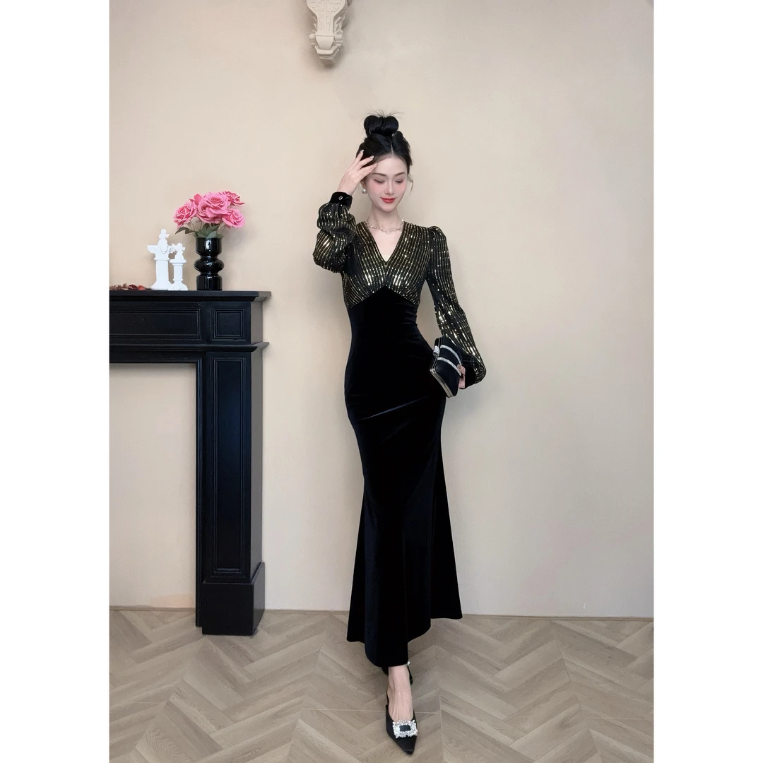 【设计师定制】新款复古高贵轻奢修身收腰包臀鱼尾连衣裙21042