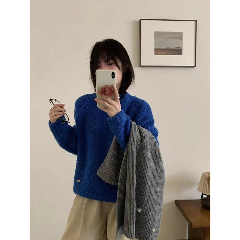 圈圈毛圆领套头毛衣女韩系秋冬新款软糯宽松百搭打底针织衫上衣潮