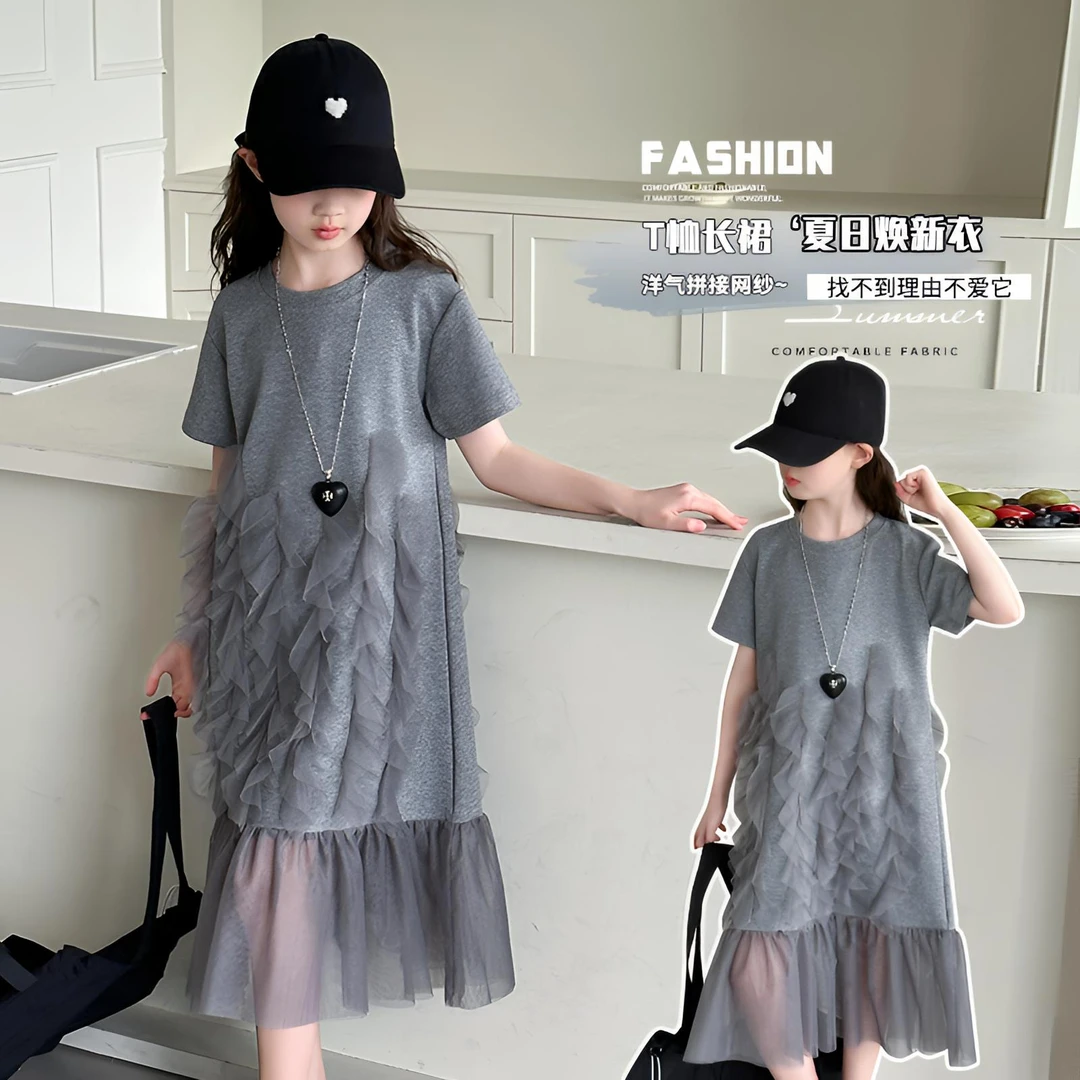 女童连衣裙夏季洋气时髦儿童中大童6-13岁高端女孩裙子酷飒网纱裙