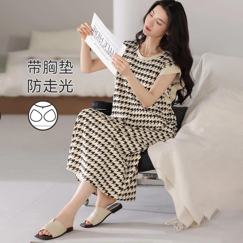 夏季带胸垫睡裙女薄款无袖坎肩甜美大码睡衣网红爆款千鸟格家居服