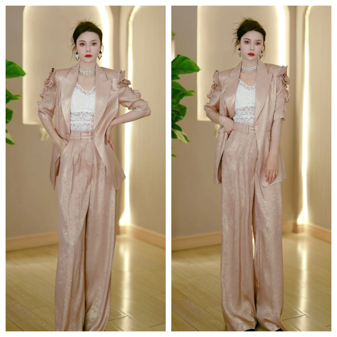 金粉色时尚气质套装显瘦女装轻职风高腰休闲风通勤静奢风阔腿裤