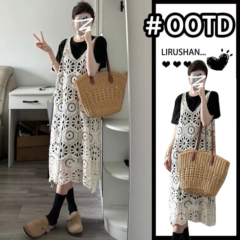 孕妇夏装2025款韩版显瘦连衣裙短袖时尚洋气夏季蕾丝裙子两件套