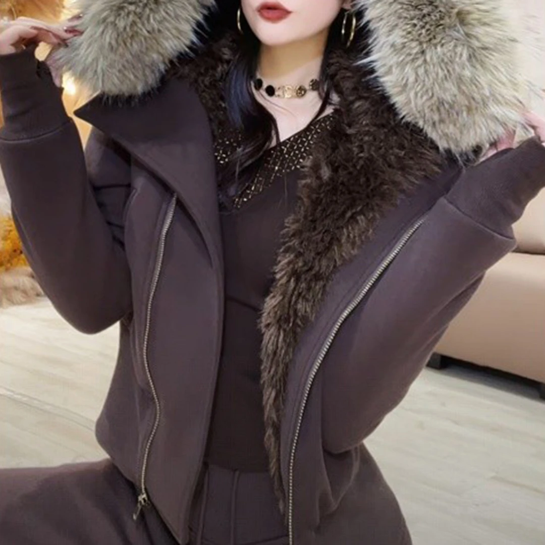 2025冬季新款高级感加绒厚毛毛大翻领拉链外套高腰阔腿裤休闲套装