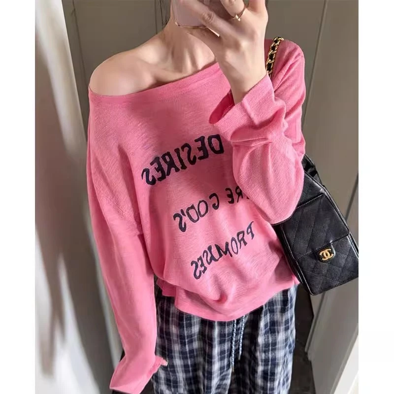 字母防晒长袖针织衫女2025夏季新款韩版休闲时尚宽松洋气减龄上衣