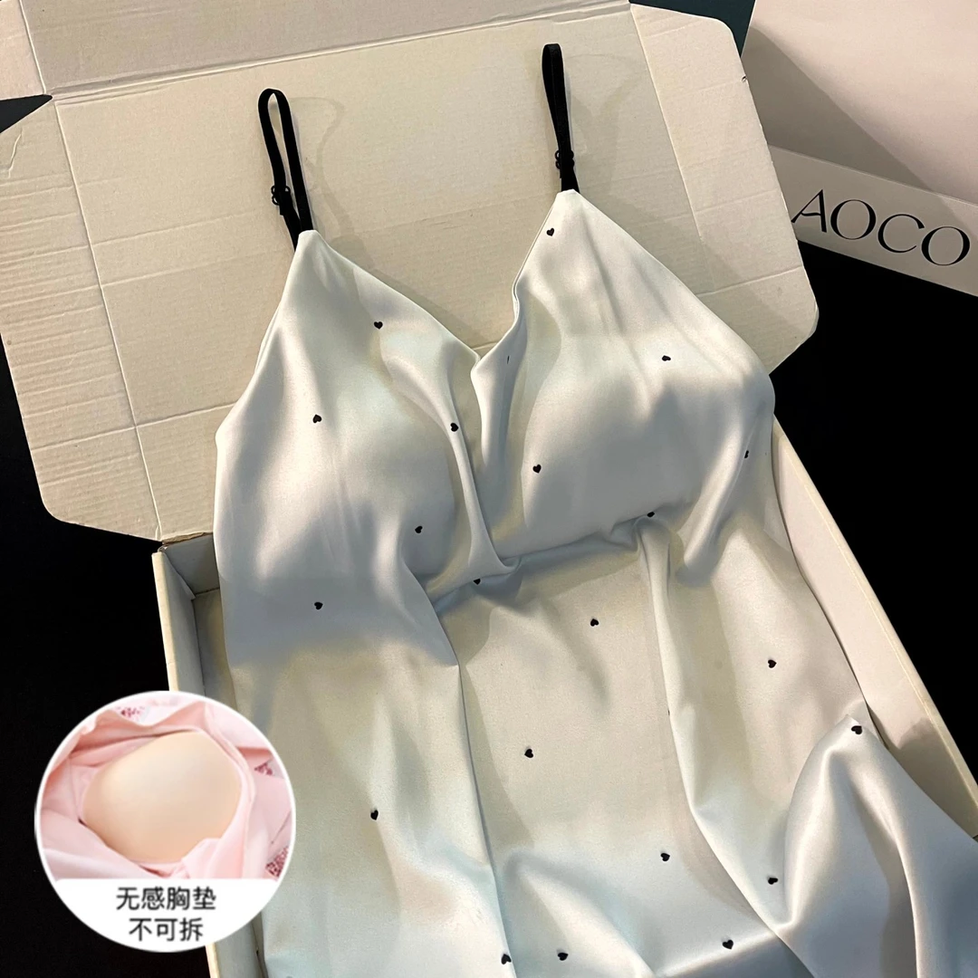 吊带睡衣女夏季睡裙冰雪丝带胸垫可外穿2025新款性感蓝点裙家居服