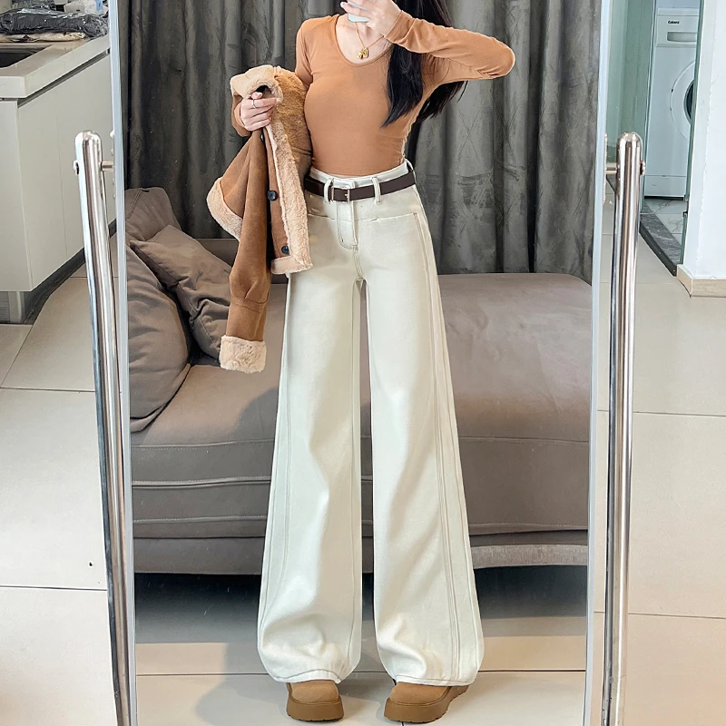 米杏色高腰直筒牛仔裤女2025年秋季新款拖地宽松显瘦百搭阔腿裤