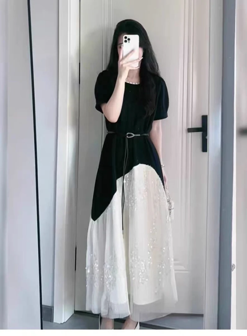 法式赫本风假两件网纱拼接连衣裙女夏季高级感气质收腰泡泡袖长裙