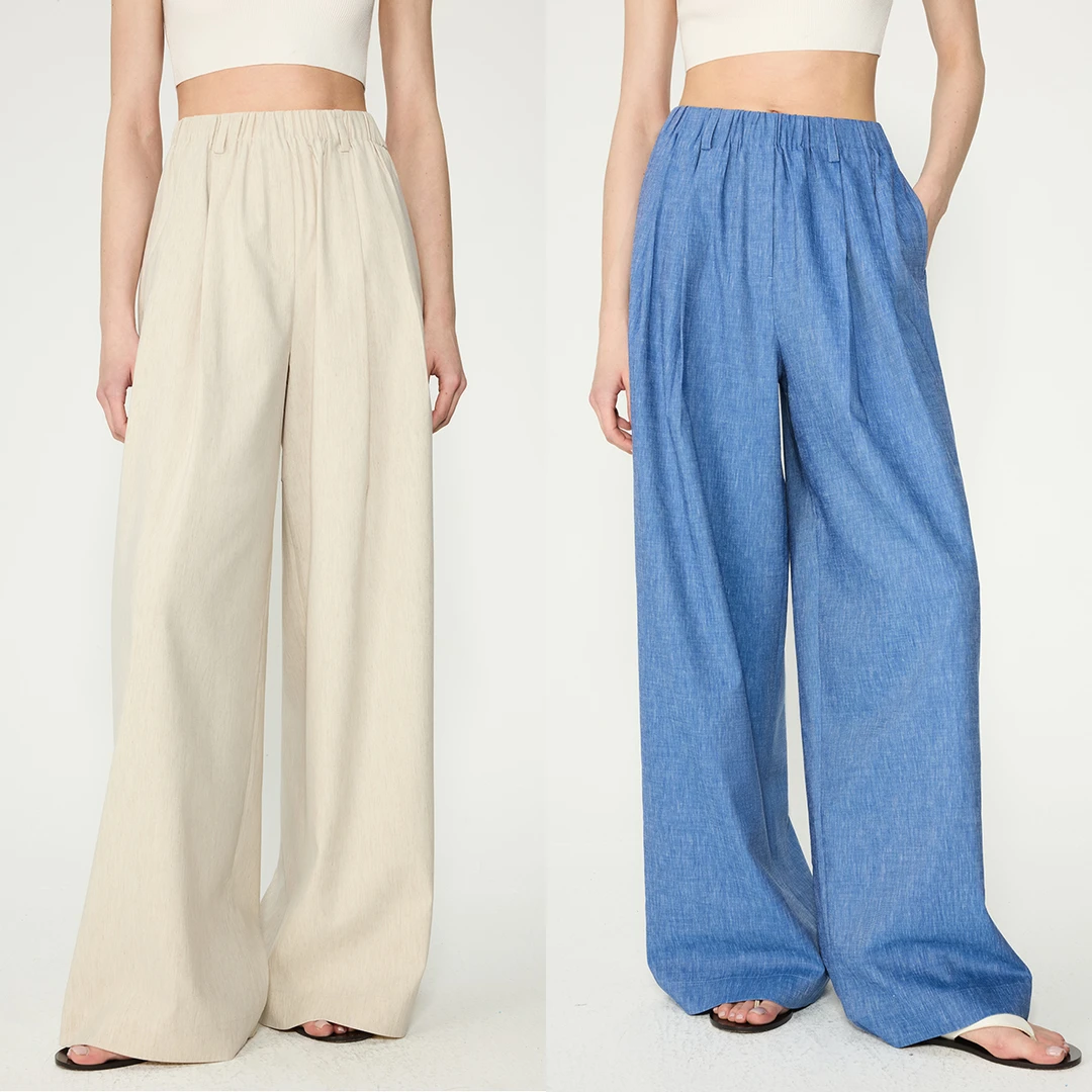 开间/强推必入日本进口亚麻柔软百搭松弛松紧腰宽松直筒阔腿裤