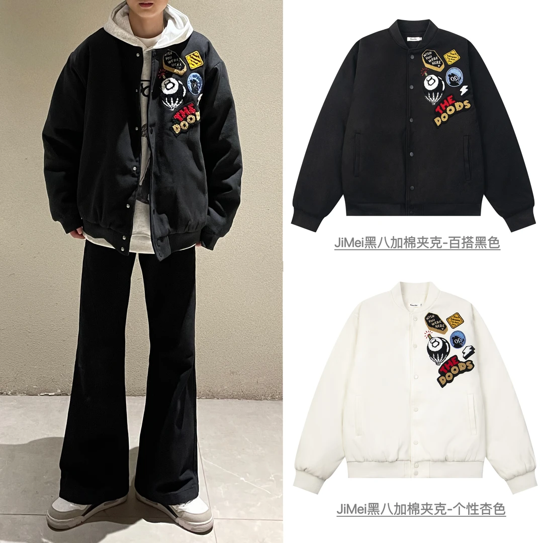 Jimei·国潮黑八美式刺绣字母图案夹克外套【加厚款】