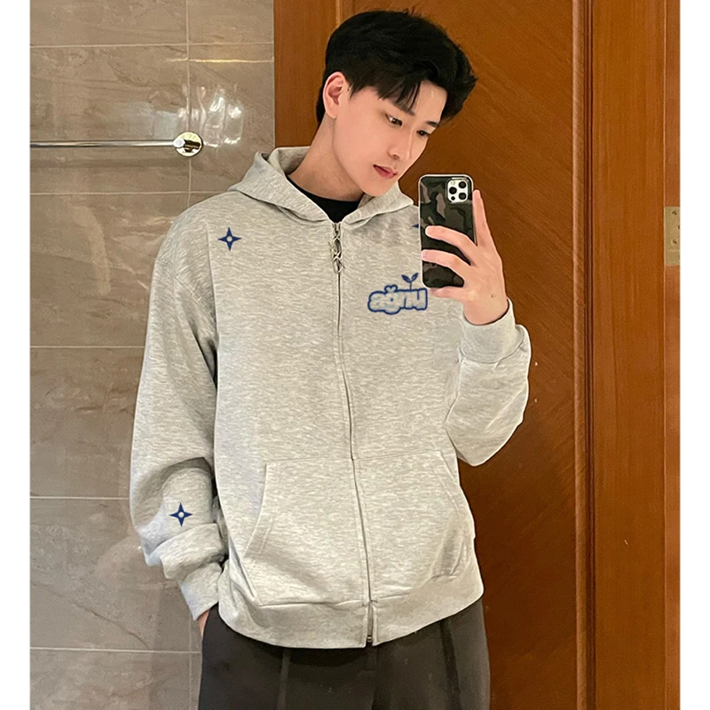 美式简约星星字母印花连帽卫衣男秋冬季潮牌宽松休闲情侣开衫外套