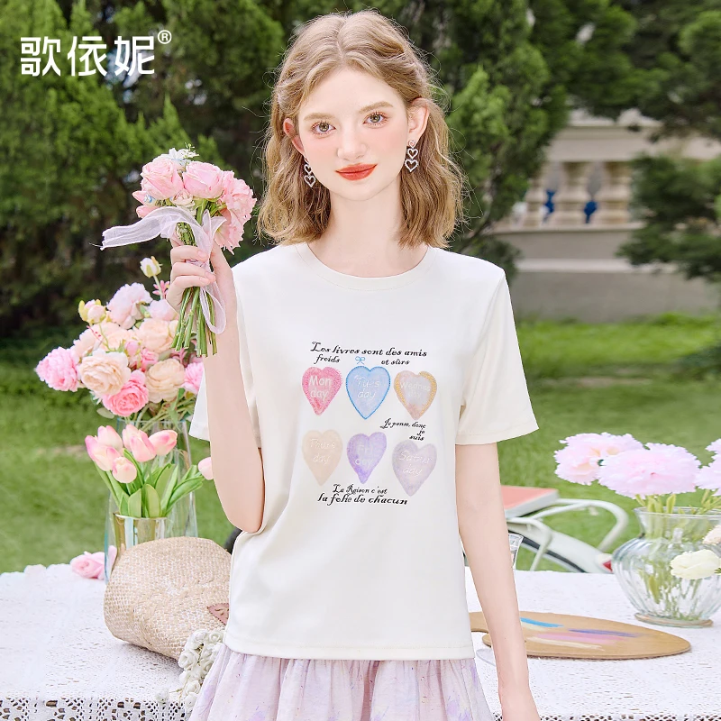 歌依妮夏季新款女甜美宽松白色设计感休闲正肩显瘦短袖T恤衫上衣