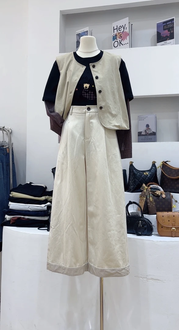 韩系条纹拼接翻卷边阔腿裤女复古宽松直筒休闲裤