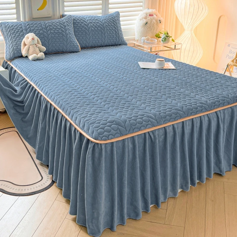 冬季夹棉牛奶绒床裙单件家用高档床笠床单带裙边冬天加厚加绒床罩