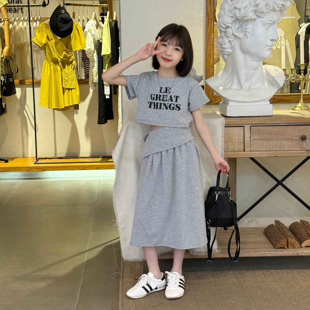 2025新款夏季女童不规则半身裙套装韩版中大童时髦休闲洋气两件套