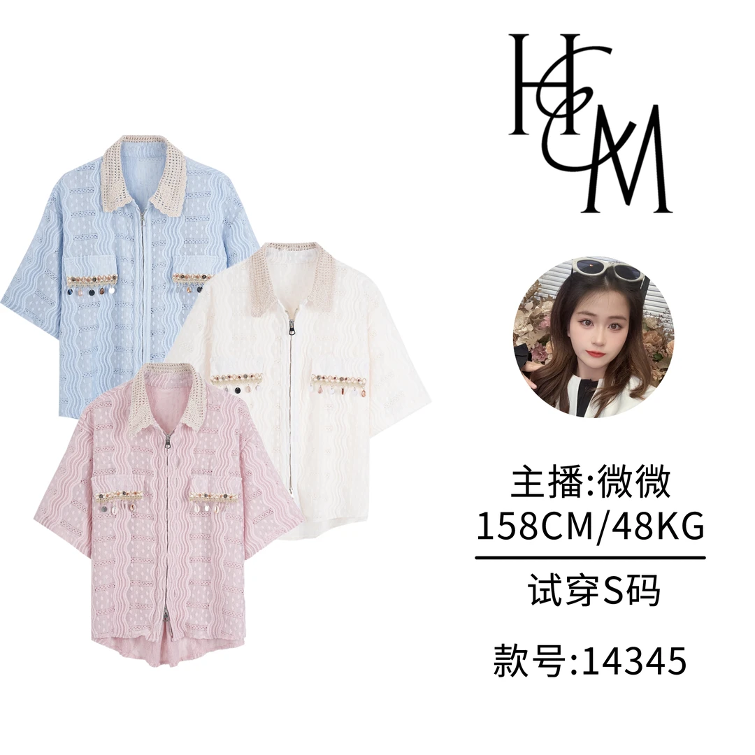 【慧姐】时尚设计师款欧若风蕾丝拼接透气短袖衬衫【14345】