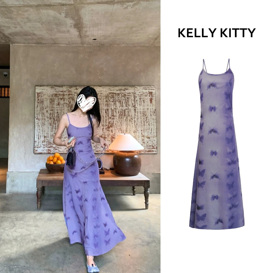 【水墨蝶影】法式网纱蝴蝶印花吊带连衣裙女小众收腰显瘦长裙 D8106