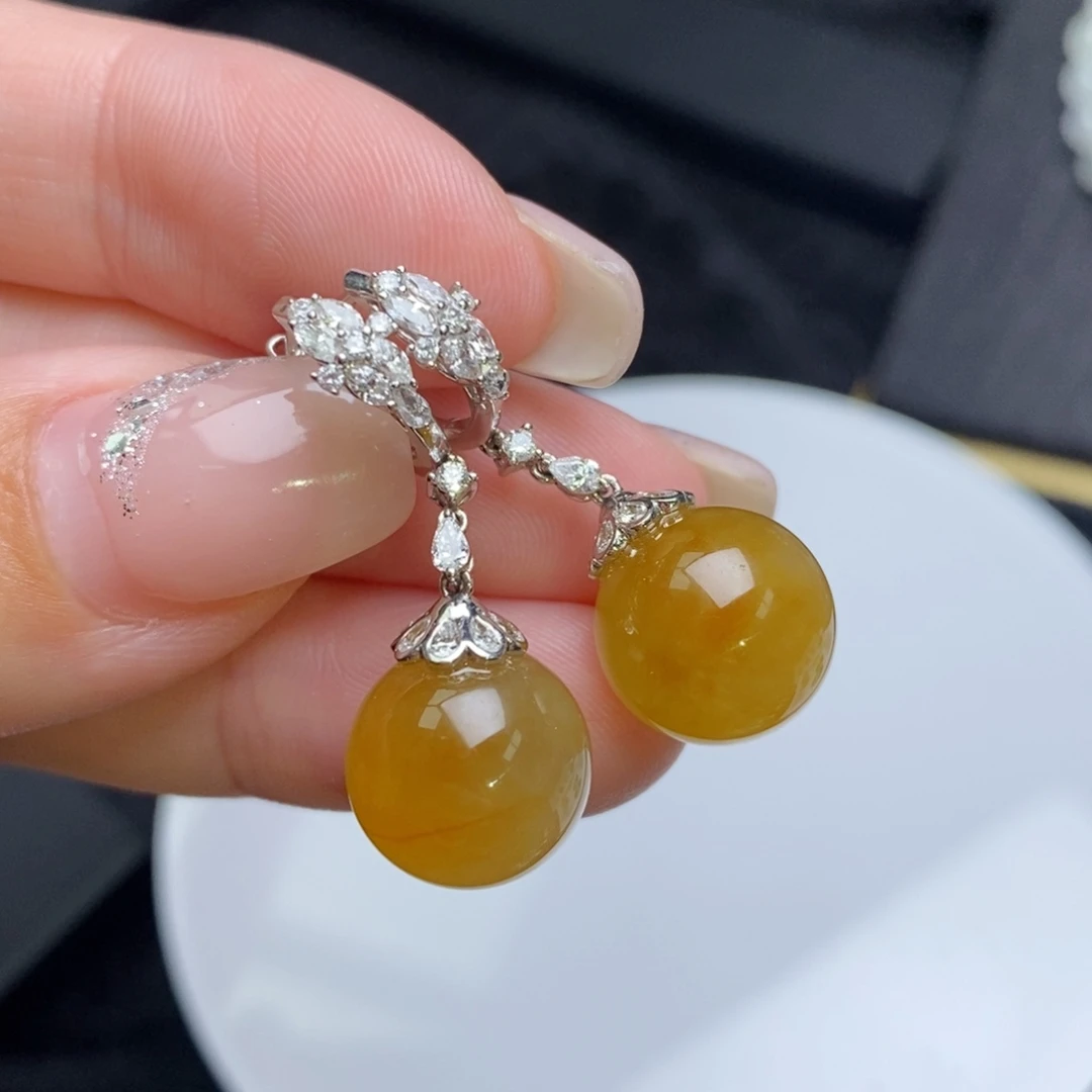 18K金镶嵌翡翠耳饰冰黄翡珠珠（卡12.5mm）
