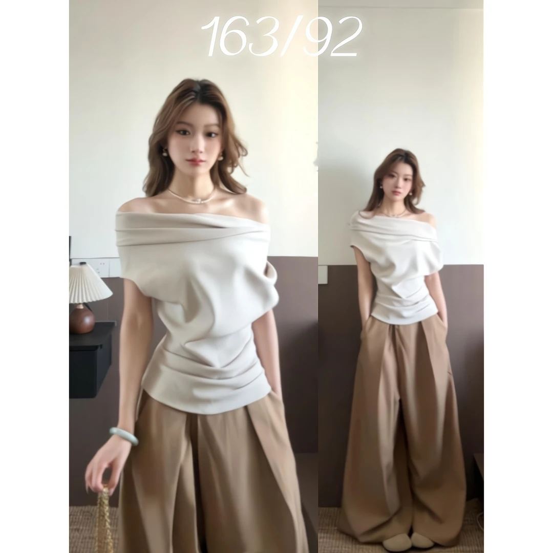 不规则斜肩露肩T恤收腰褶皱设计气质上衣阔腿裤高级感套装女夏季