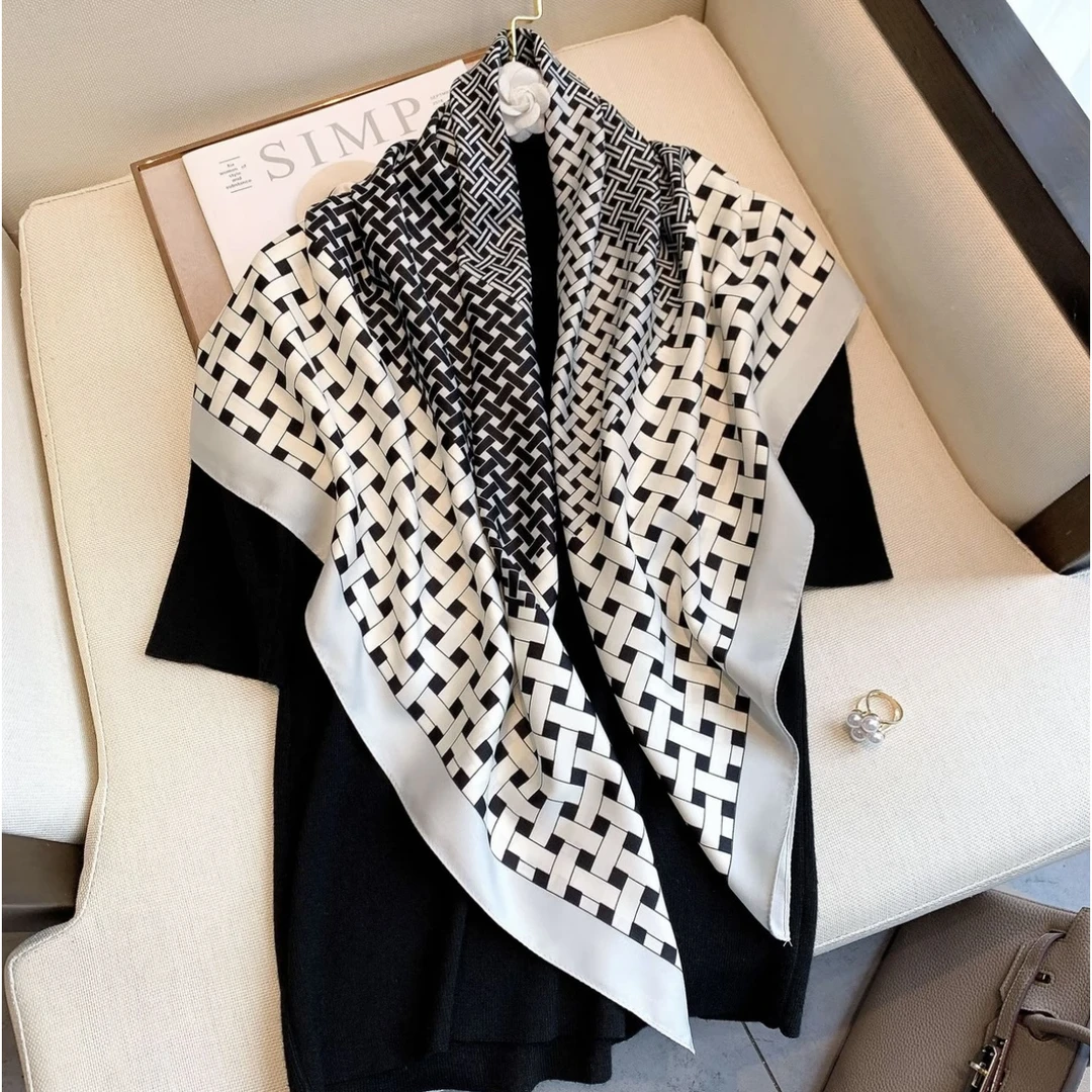 【墨格交织】斜纹缎90*90女士品质丝巾长条薄款爆款围巾-R1