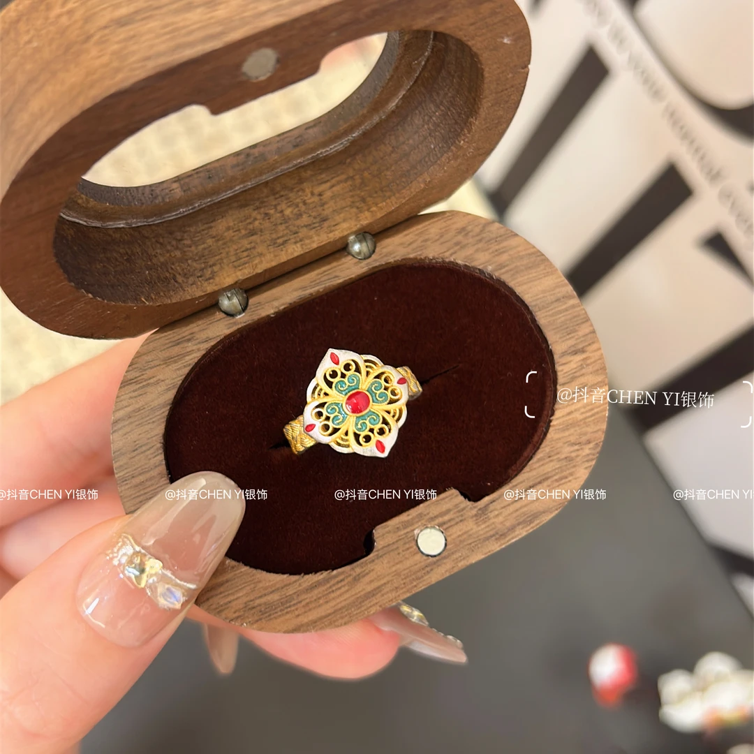 足银珐琅戒指 足银【云·锦】新中式国风描金手工珐琅戒指烧蓝古风