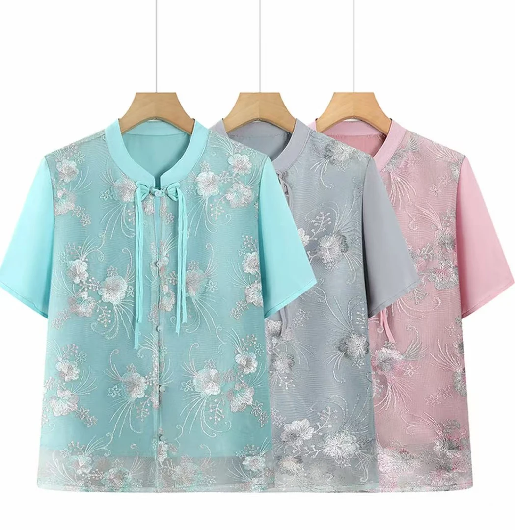 2053-中老年女装盘扣重工刺绣时尚短袖