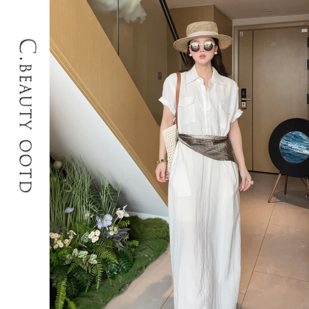 2025气质一体天丝亚麻连衣裙女黄色白色