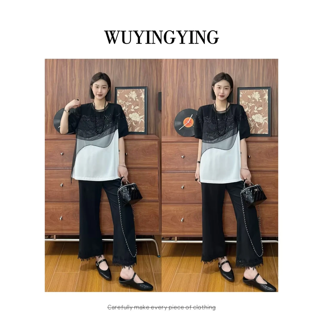 WUYINGYING【气场全开】欧货高品蕾丝撞色拼接设计上衣+裤子套装