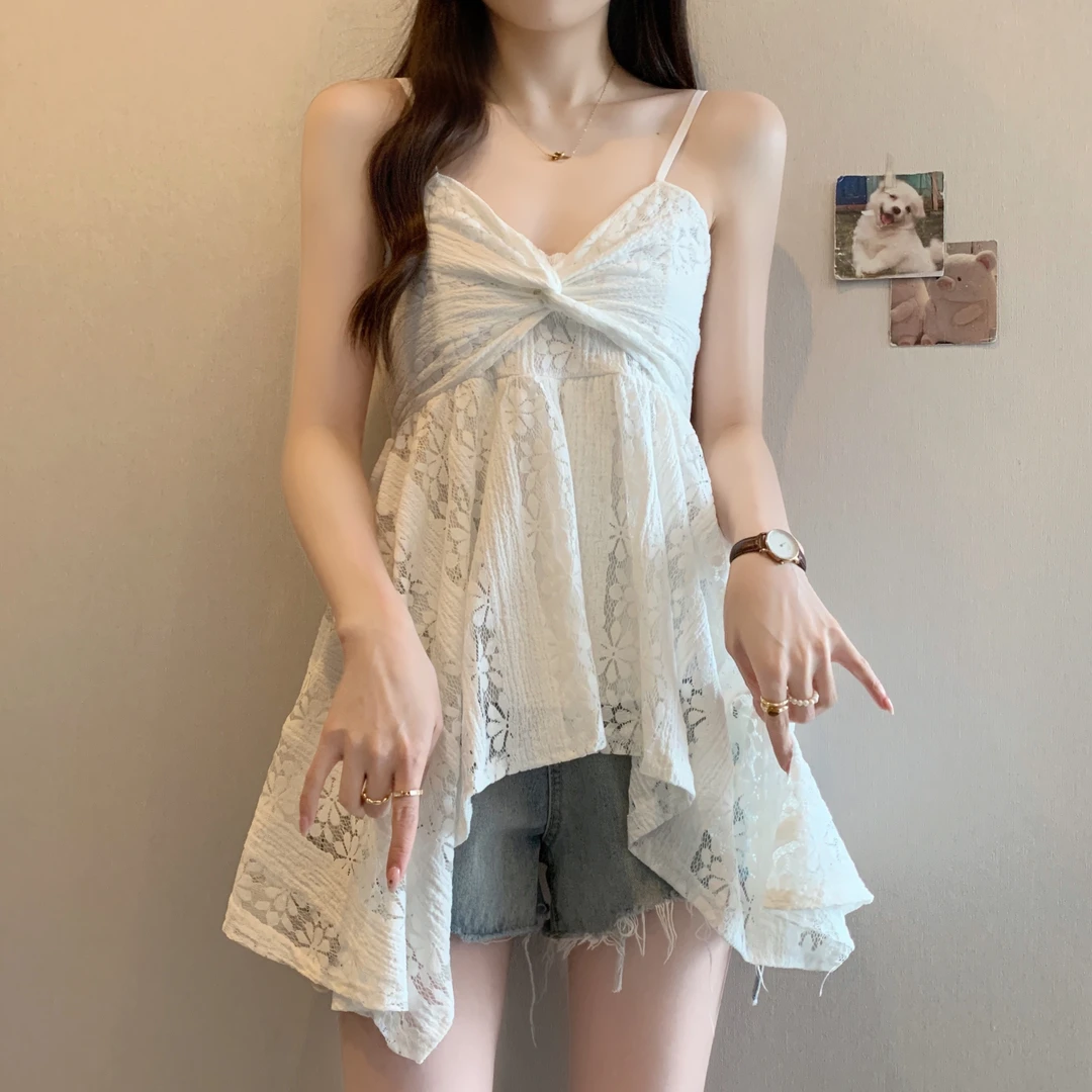 实拍大码女装纯欲风蕾丝吊带背心夏季不规则下摆遮肚显瘦内搭上衣