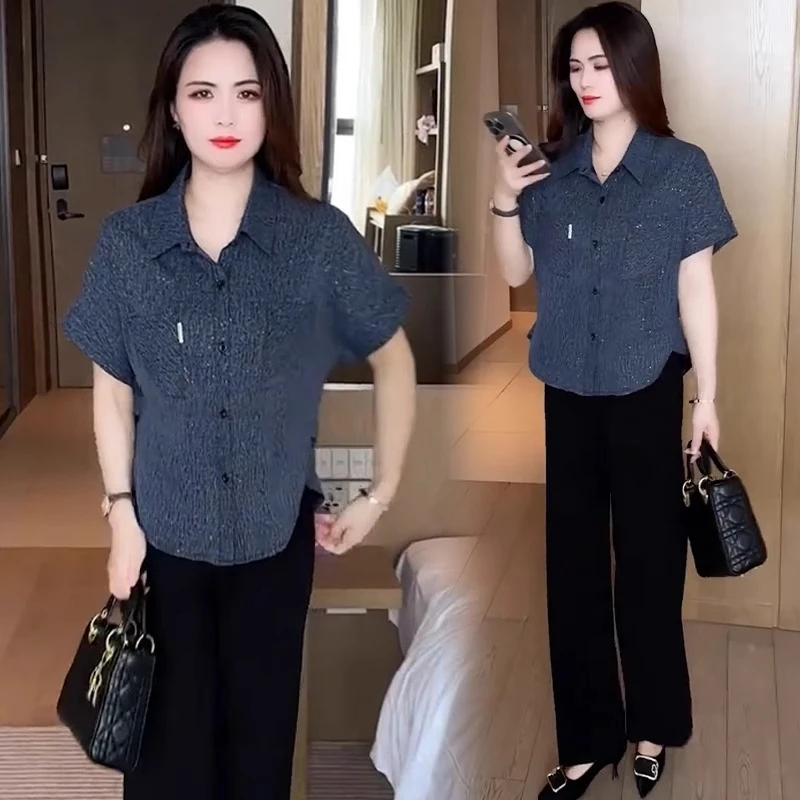 时尚短袖衬衫女士2025夏季款宽松显瘦遮肚子洋气百搭休闲衬衣上衣
