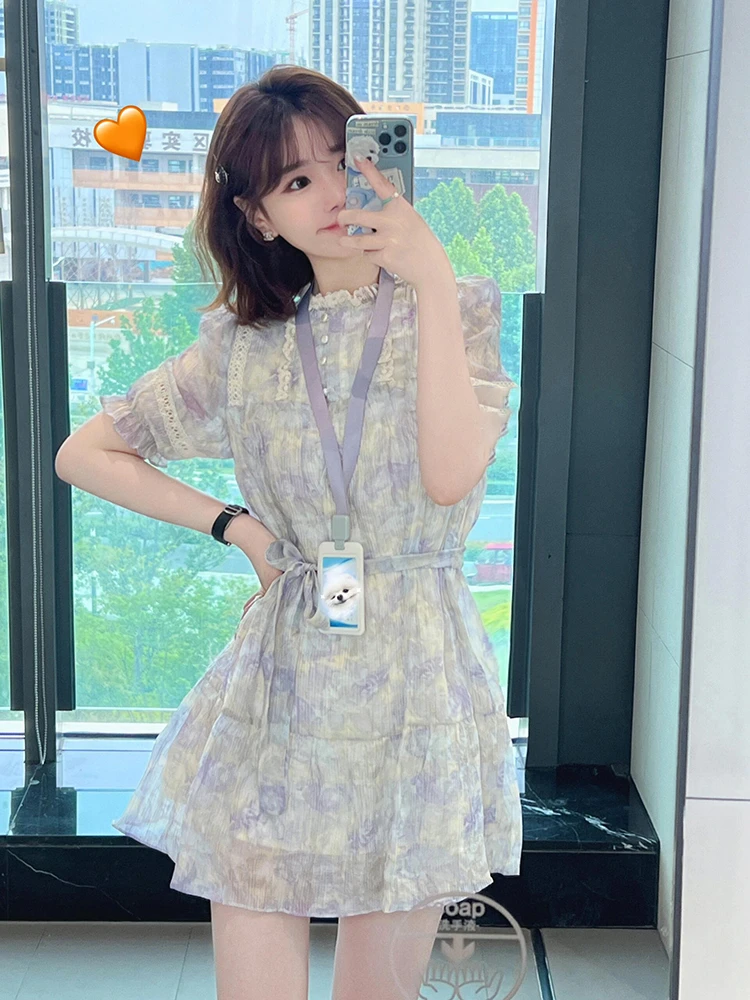 纯色泡泡袖褶皱碎花夏季连衣裙减龄裙子收腰小众气质高腰温柔女裙