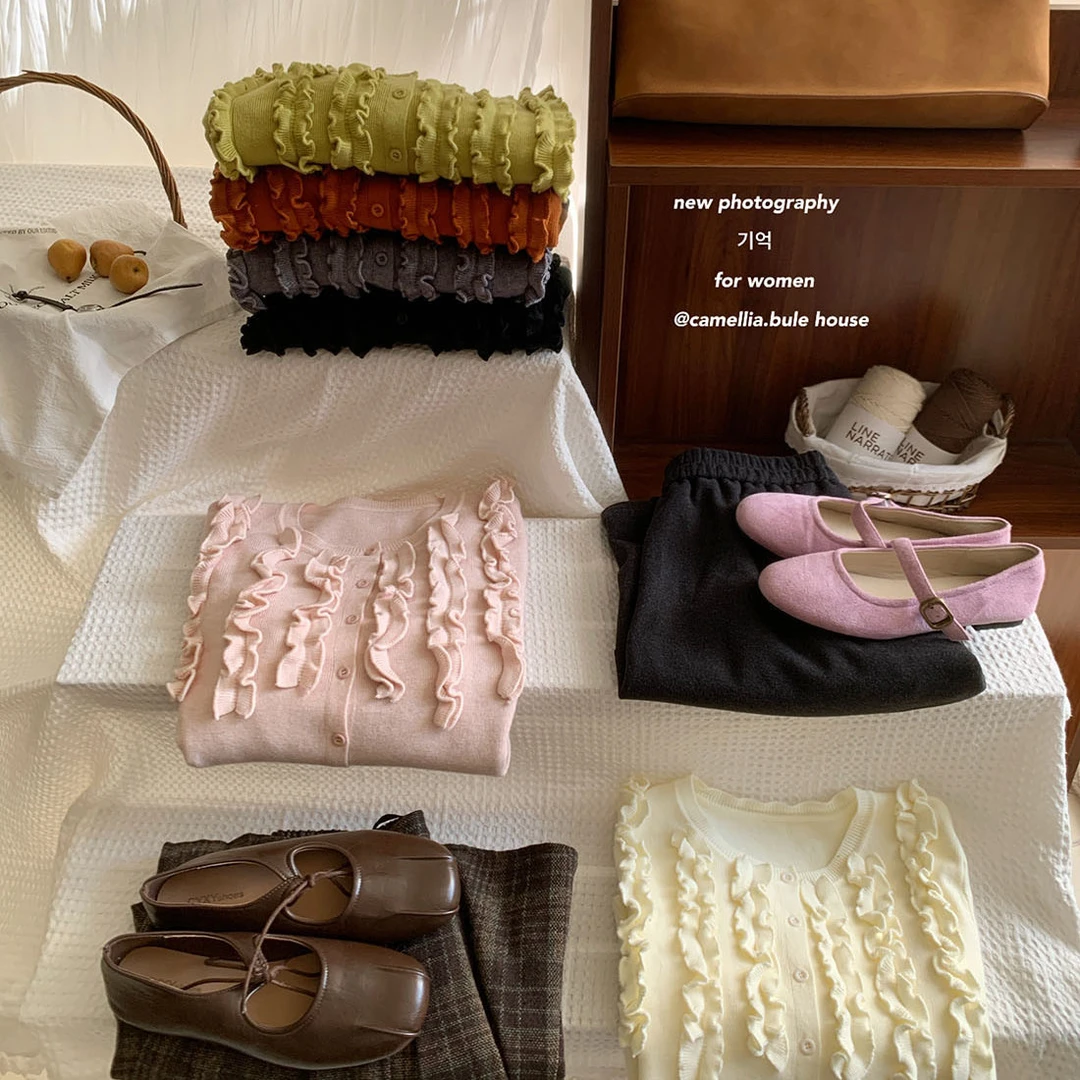 韩国奶油桃子粉重工木耳边开衫毛衣女冬温柔系圆复古长袖针织外套