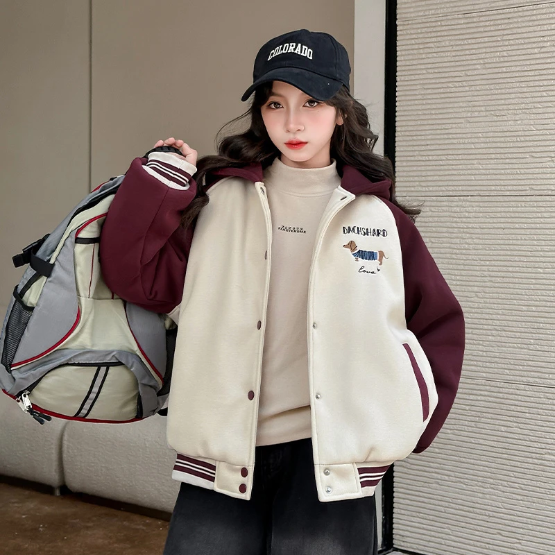 女童春款连帽外套女孩中学生宽松休闲插肩袖拼色外套儿童春秋外套