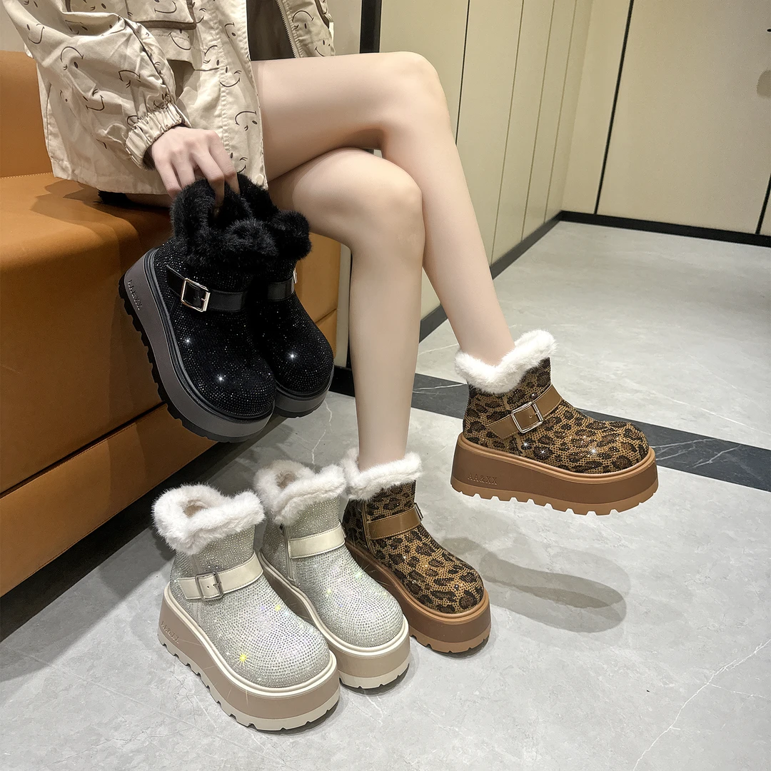 3910-2025年冬季新款毛毛口水钻雪地靴时尚保暖厚底雪地棉