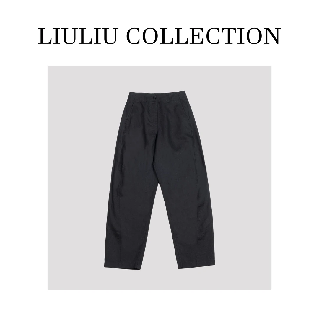 弯刀麻裤黑色垂感亚麻直筒裤女2025新款春季简约宽松阔腿裤子C61