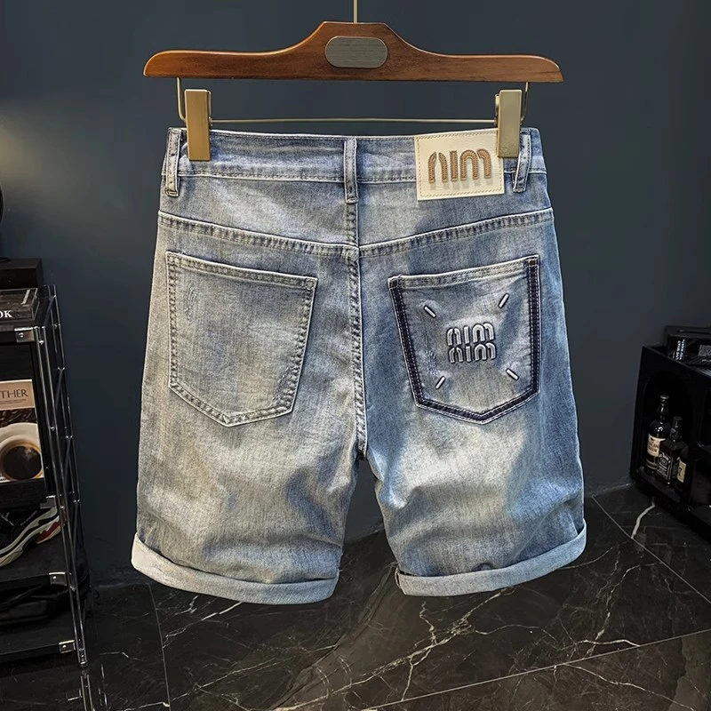 法国Cebrodz高端短裤男夏季薄款潮流直筒宽松五分裤浅水洗5分牛仔