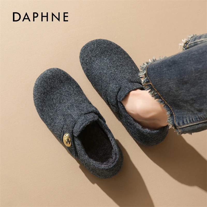 达芙妮灰色加绒勃肯鞋女2025新款冬季厚底保暖百搭软底休闲雪地靴